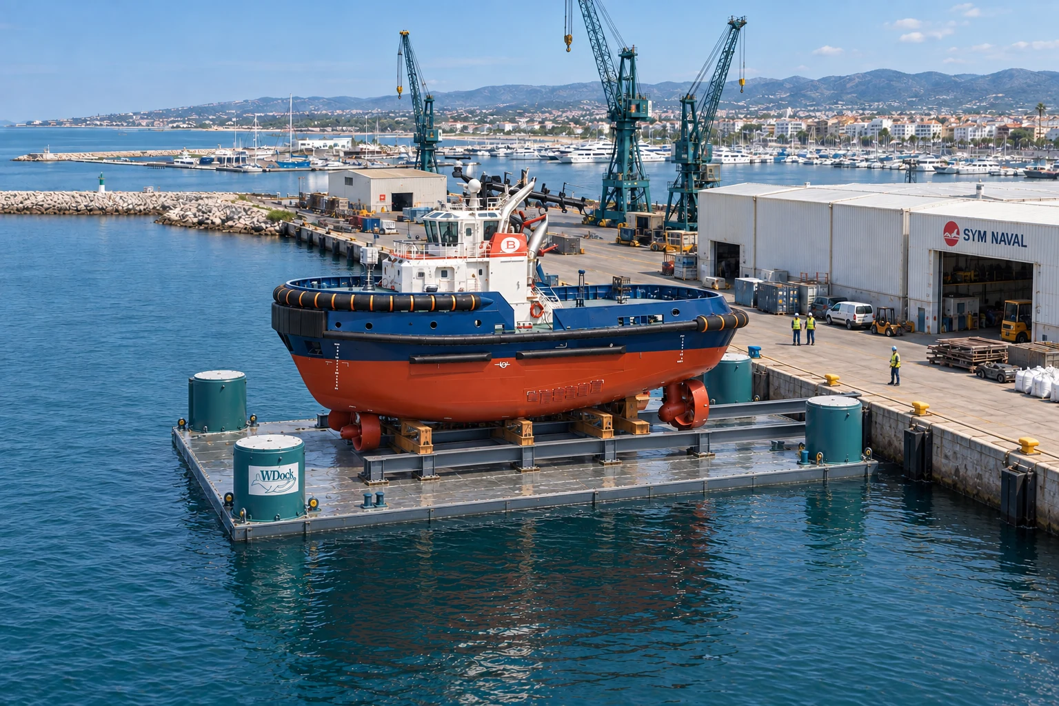 Visualisation of the Whale Dock 400LT lifting platform with a tugboat beside SYM NAVAL shipyard